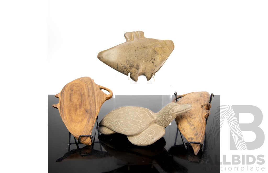 Collection Carved Solomon Solomon Islands Pieces Comprising Stone Bird, Three Manta Ray Figures Including Soft Stone Example