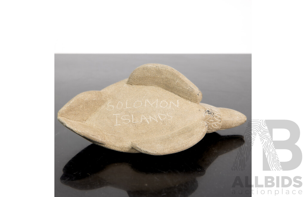 Collection Carved Solomon Solomon Islands Pieces Comprising Stone Bird, Three Manta Ray Figures Including Soft Stone Example