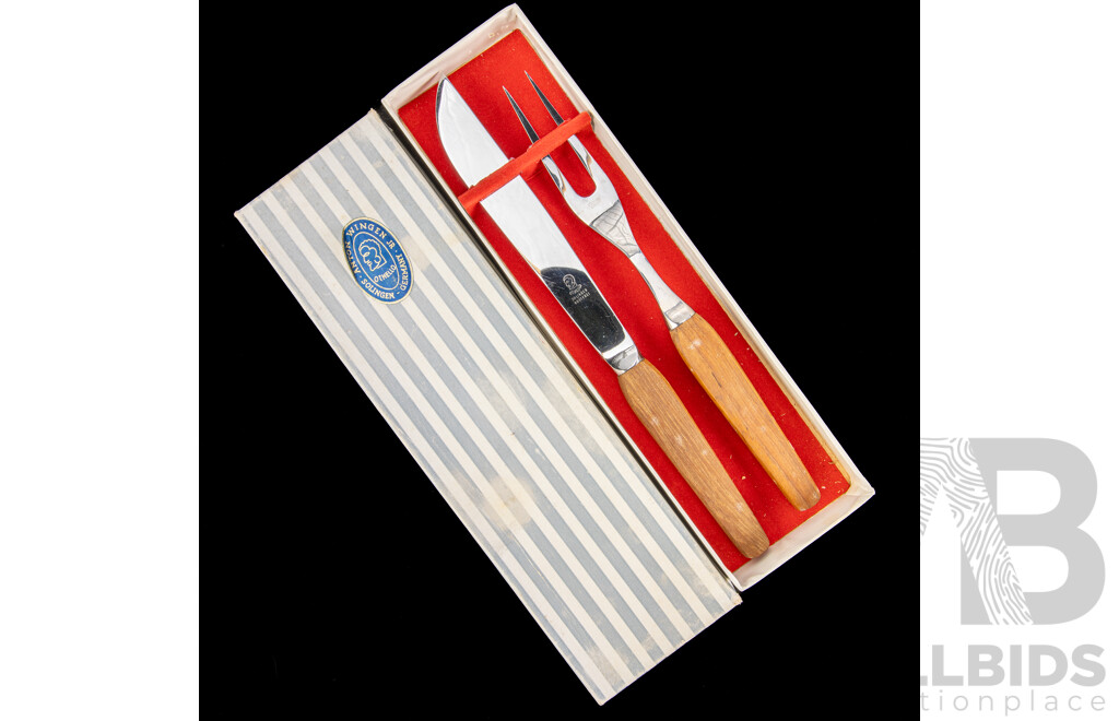 Mid Century German Solingen Steel with Teak Handles Carving Set in Othello Pattern by Anton Wingen Jr in Original Box