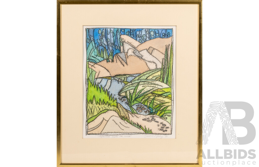 Daphne Gooley, (20th Century, Australian), Afternoon Beside the Creek (1990), Lovely Original Monoprint & Watercolour, 39 x 34 cm (frame)