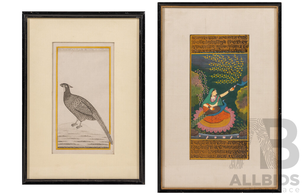 Artists Unknown (20th Century, Indian School), Pheasant Coucal & Kakubha Ragini [Lady with Peacocks], Vintage Pair of Indian Miniatures, Ink & Watercolour and Gouache on Paper, 32 x 21 cm (largest frame) (2)