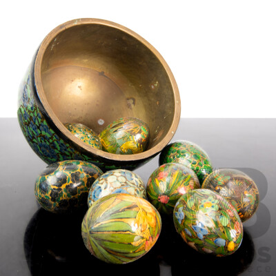 Vintage Kashmiri Copper and Lacquer Bowl with Collection Hand Decorated Lacquer Eggs