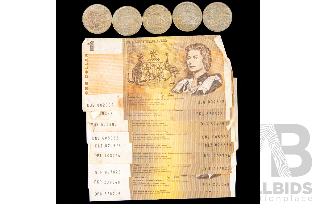 Five Australian KGVI/QE2 Silver Florins with Nine 1982 One Dollar Notes, Johnson/Stone R78