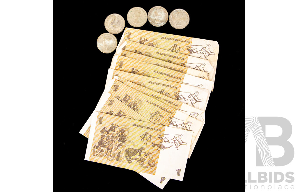 Five Australian KGVI/QE2 Silver Florins with Nine 1982 One Dollar Notes, Johnson/Stone R78