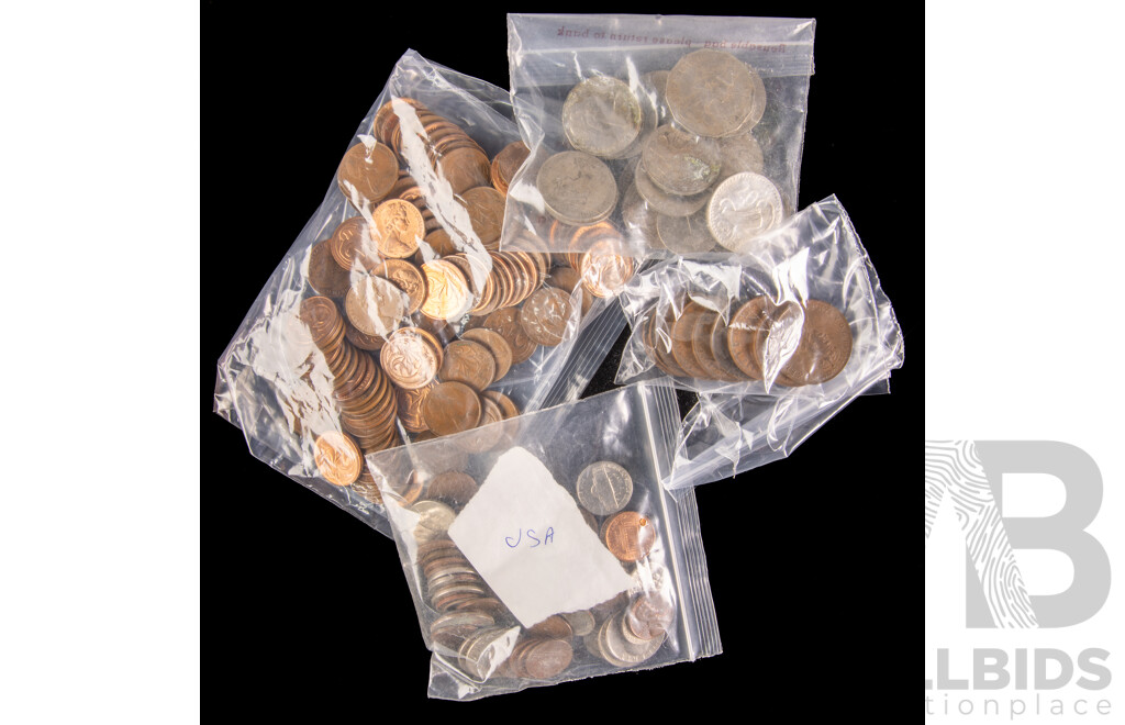 Ten Australian Pennies, Examples 1911 to 1964, Two Cent Coins, Examples 1966 to 1989, Commemorative Fifty Cent Coins 1995, 2001 QLD, New Zealand and Fiji Coins Including Fiji 1934 Silver Shilling, Vintage USA Coins