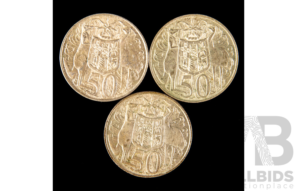 Three Australian 1966 Round Silver Fifty Cent Coins .800