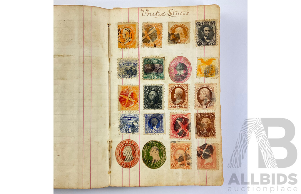 Album of Mostly Antique International Stamps Including Wurttemberg Imperf, New Zealand 1870's, USA Lincoln, Washington, Jackson, Franklin, Switzerland, France, Germany, Italy, Bavaria, Sweden, Norway, Hanover, Fiji, Austria Baden, Prussia and More