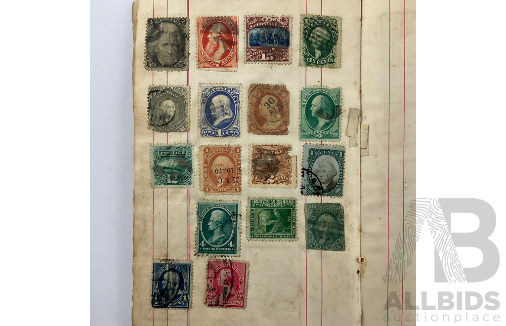 Album of Mostly Antique International Stamps Including Wurttemberg Imperf, New Zealand 1870's, USA Lincoln, Washington, Jackson, Franklin, Switzerland, France, Germany, Italy, Bavaria, Sweden, Norway, Hanover, Fiji, Austria Baden, Prussia and More