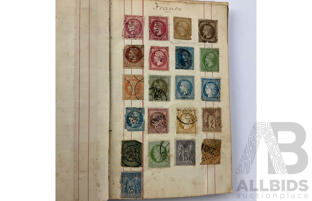 Album of Mostly Antique International Stamps Including Wurttemberg Imperf, New Zealand 1870's, USA Lincoln, Washington, Jackson, Franklin, Switzerland, France, Germany, Italy, Bavaria, Sweden, Norway, Hanover, Fiji, Austria Baden, Prussia and More