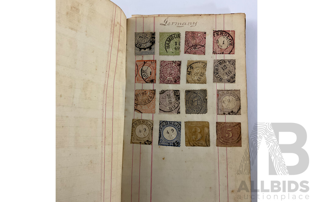 Album of Mostly Antique International Stamps Including Wurttemberg Imperf, New Zealand 1870's, USA Lincoln, Washington, Jackson, Franklin, Switzerland, France, Germany, Italy, Bavaria, Sweden, Norway, Hanover, Fiji, Austria Baden, Prussia and More