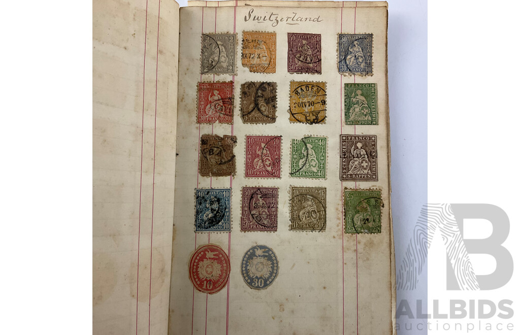 Album of Mostly Antique International Stamps Including Wurttemberg Imperf, New Zealand 1870's, USA Lincoln, Washington, Jackson, Franklin, Switzerland, France, Germany, Italy, Bavaria, Sweden, Norway, Hanover, Fiji, Austria Baden, Prussia and More