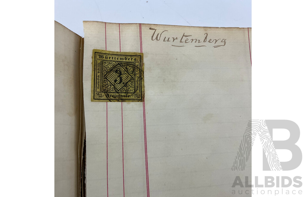 Album of Mostly Antique International Stamps Including Wurttemberg Imperf, New Zealand 1870's, USA Lincoln, Washington, Jackson, Franklin, Switzerland, France, Germany, Italy, Bavaria, Sweden, Norway, Hanover, Fiji, Austria Baden, Prussia and More