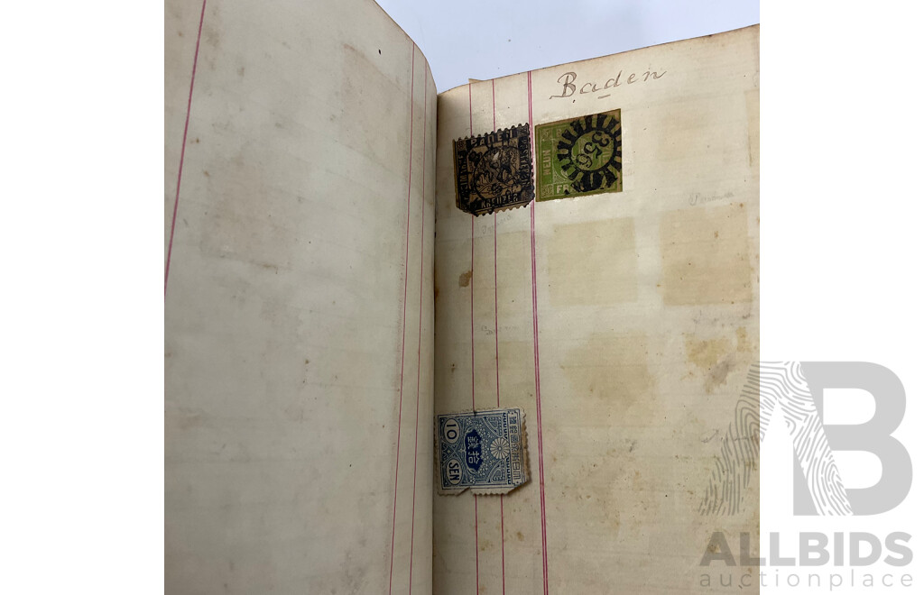 Album of Mostly Antique International Stamps Including Wurttemberg Imperf, New Zealand 1870's, USA Lincoln, Washington, Jackson, Franklin, Switzerland, France, Germany, Italy, Bavaria, Sweden, Norway, Hanover, Fiji, Austria Baden, Prussia and More