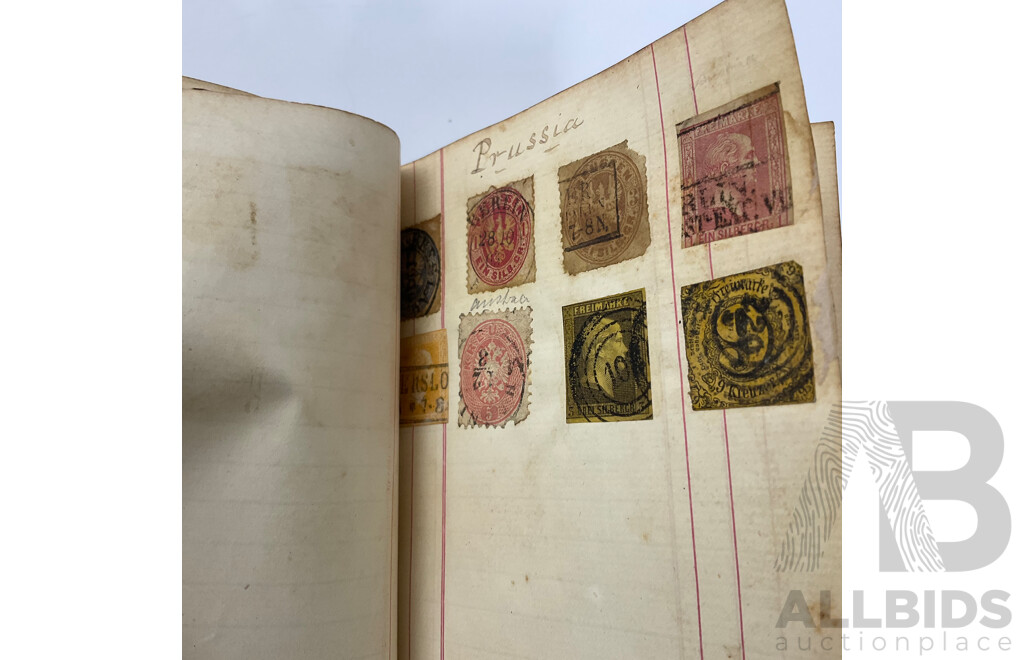 Album of Mostly Antique International Stamps Including Wurttemberg Imperf, New Zealand 1870's, USA Lincoln, Washington, Jackson, Franklin, Switzerland, France, Germany, Italy, Bavaria, Sweden, Norway, Hanover, Fiji, Austria Baden, Prussia and More