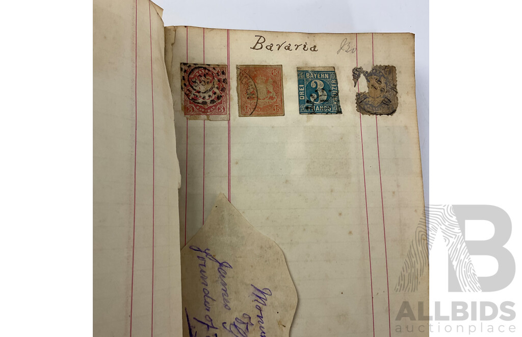 Album of Mostly Antique International Stamps Including Wurttemberg Imperf, New Zealand 1870's, USA Lincoln, Washington, Jackson, Franklin, Switzerland, France, Germany, Italy, Bavaria, Sweden, Norway, Hanover, Fiji, Austria Baden, Prussia and More