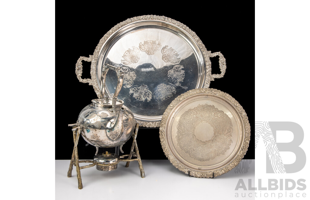Antique English Silver Plate Spirit Kettle with Engraved Decoration & Inscription Dated 1900, on Brass Branch Form Stand  Along with Two Silver Plate Drinks Trays