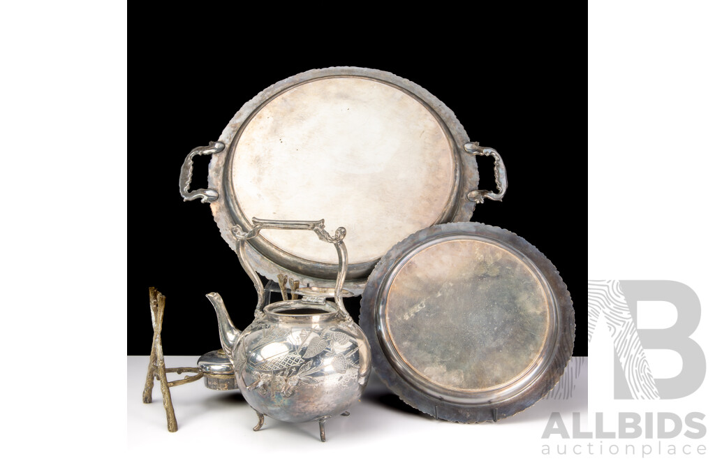 Antique English Silver Plate Spirit Kettle with Engraved Decoration & Inscription Dated 1900, on Brass Branch Form Stand  Along with Two Silver Plate Drinks Trays