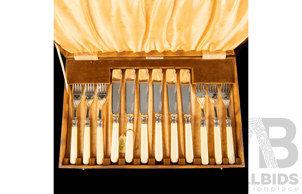 Vintage Silver Plate 12 Piece Fish Set with Faux Ivory Handles in Original Case