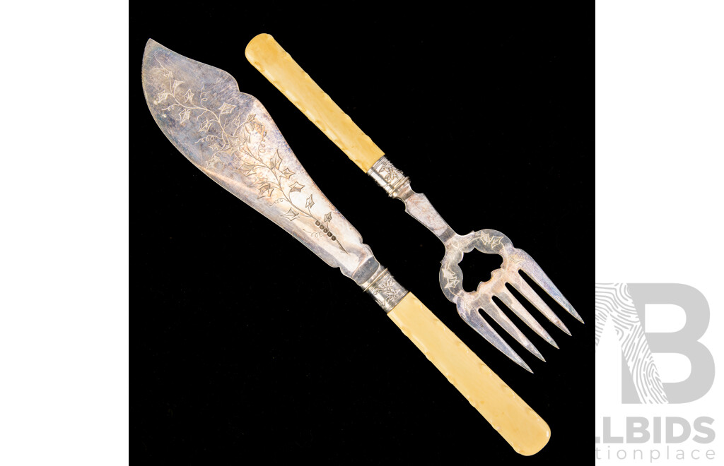 Antique Set Silver Plate Fish Servers with Ivory Branch Form Handles