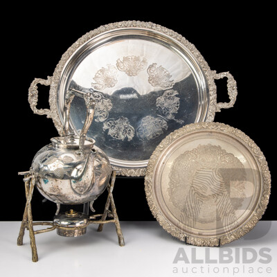 Antique English Silver Plate Spirit Kettle with Engraved Decoration & Inscription Dated 1900, on Brass Branch Form Stand  Along with Two Silver Plate Drinks Trays