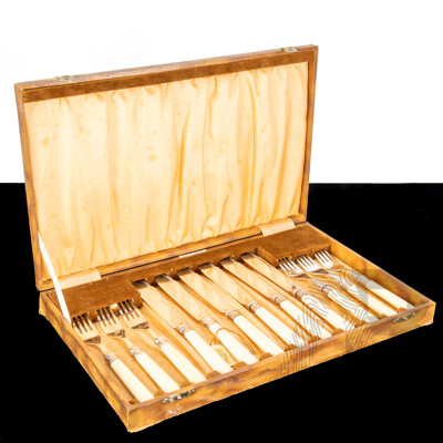 Vintage Silver Plate 12 Piece Fish Set with Faux Ivory Handles in Original Case