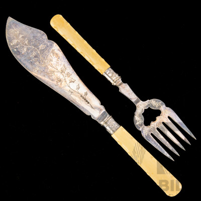 Antique Set Silver Plate Fish Servers with Ivory Branch Form Handles