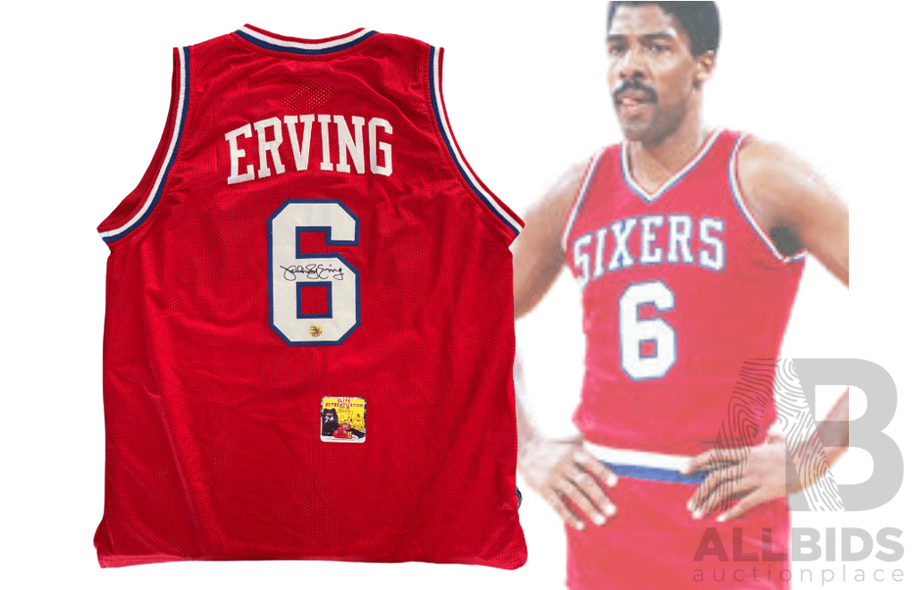 Julius Erving DR J Signed Philadelphia 76ers Red Basketball Jersey.