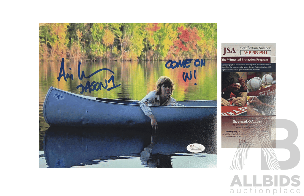 Chilling Ari Lehman Jason 1 Signed Canoe Photo with JSA Certification