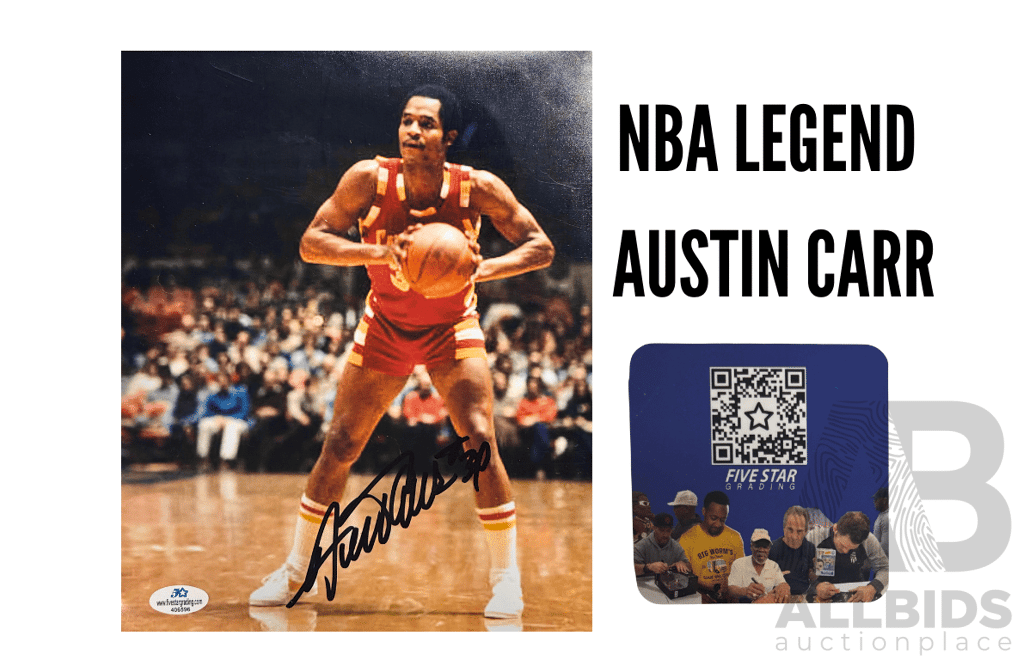 High-Energy Austin Carr Action Photo Featuring Bold Autograph and JSA Authentication