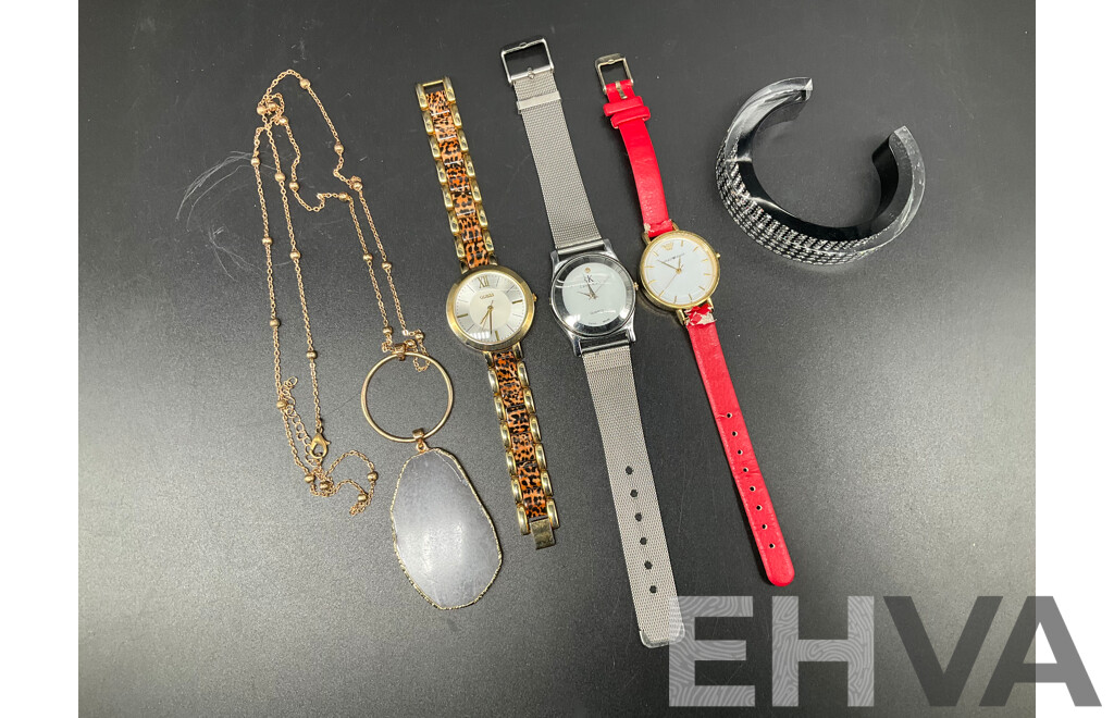 Assorted Watches, Including GUESS, CALVIN KLEIN and EMPORIO ARMANI, Pendant Gemstone Slice Necklece and SWAROVSKI Bracelet - Lot of 5