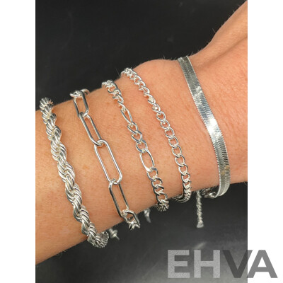 Sterling Silver Bracelets (5x) Various Styles, 25.03 Grams
