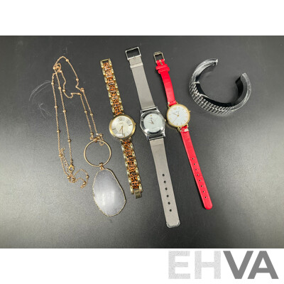 Assorted Watches, Including GUESS, CALVIN KLEIN and EMPORIO ARMANI, Pendant Gemstone Slice Necklece and SWAROVSKI Bracelet - Lot of 5