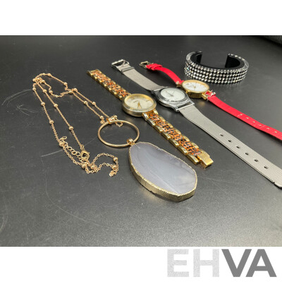 Assorted Watches, Including GUESS, CALVIN KLEIN and EMPORIO ARMANI, Pendant Gemstone Slice Necklece and SWAROVSKI Bracelet - Lot of 5