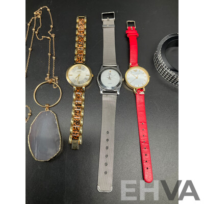 Assorted Watches, Including GUESS, CALVIN KLEIN and EMPORIO ARMANI, Pendant Gemstone Slice Necklece and SWAROVSKI Bracelet - Lot of 5