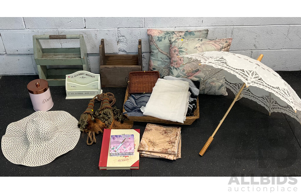 Vintage Mixed Lot - Lace Parasol, Wicker Basket , Cushions and Homewares
