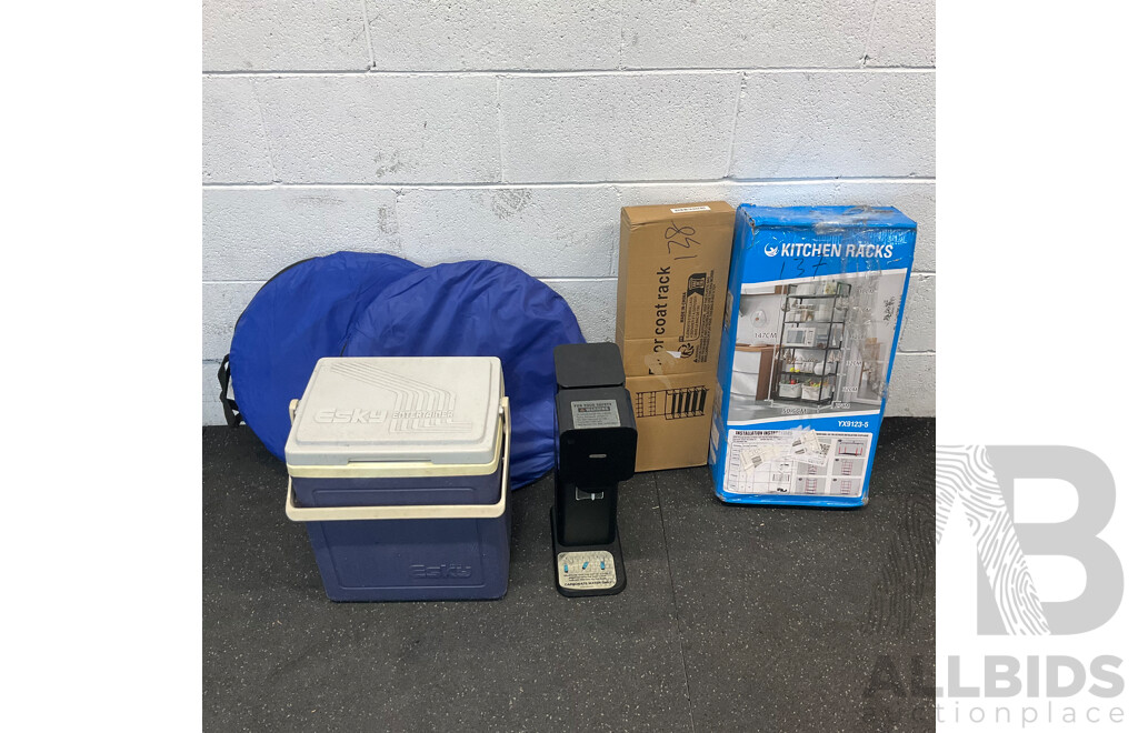 Mixed Homewares - Kitchen Racks & Coat Racks & SodaSteam, Esky and Sun Shelter - Lot of 6