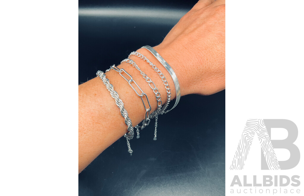 Sterling Silver Bracelets (5x) Various Styles, 25.03 Grams