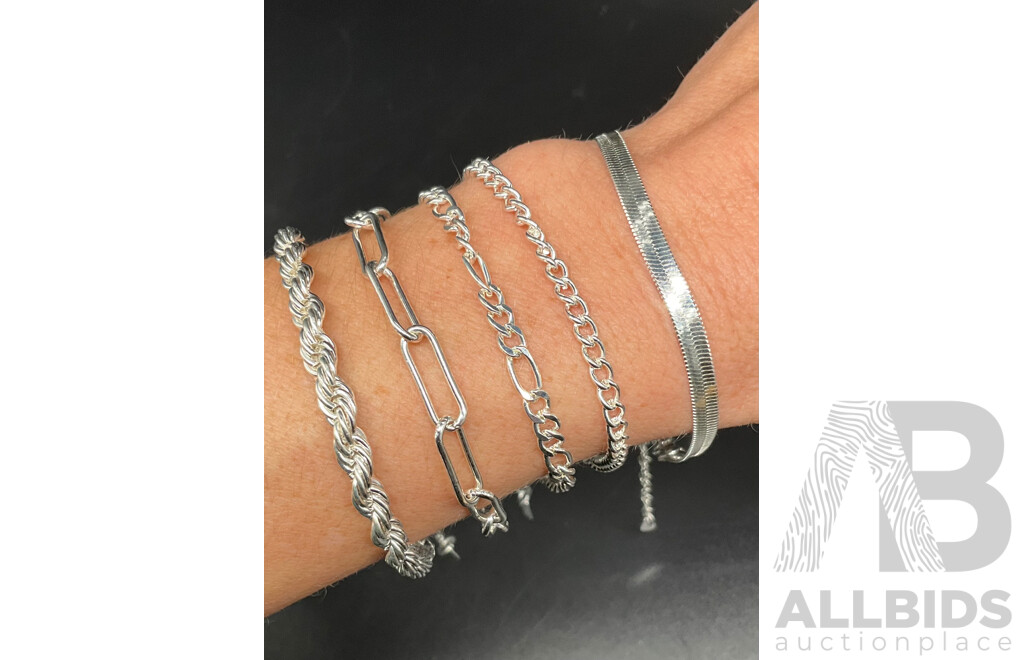 Sterling Silver Bracelets (5x) Various Styles, 25.03 Grams