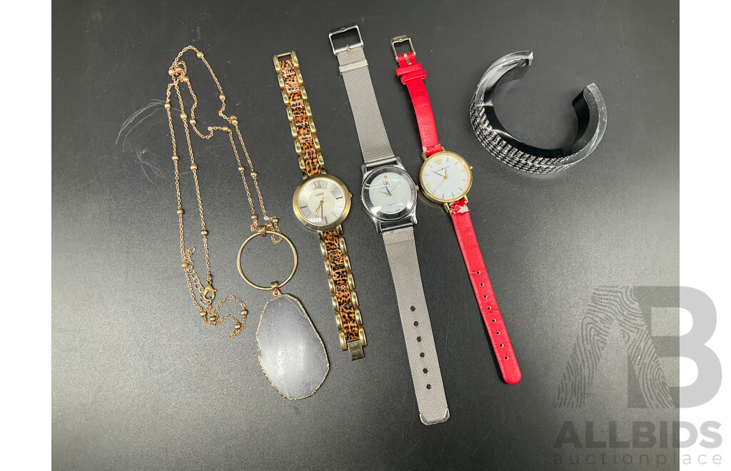 Assorted Watches, Including GUESS, CALVIN KLEIN and EMPORIO ARMANI, Pendant Gemstone Slice Necklece and SWAROVSKI Bracelet - Lot of 5