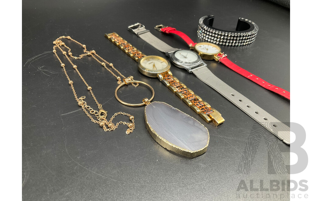 Assorted Watches, Including GUESS, CALVIN KLEIN and EMPORIO ARMANI, Pendant Gemstone Slice Necklece and SWAROVSKI Bracelet - Lot of 5
