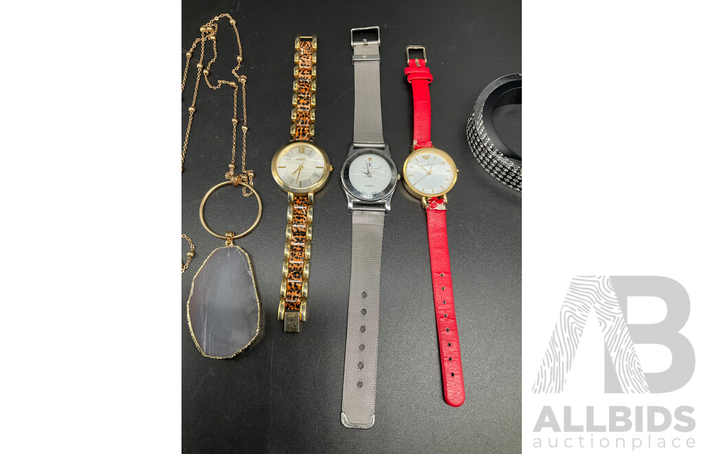 Assorted Watches, Including GUESS, CALVIN KLEIN and EMPORIO ARMANI, Pendant Gemstone Slice Necklece and SWAROVSKI Bracelet - Lot of 5