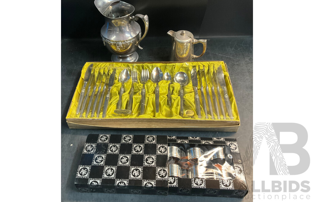 Vintage Grosvenor Cutlery Set & Strachan Napking Rings & Plated Silver Tea Pot & EPNS Creamer