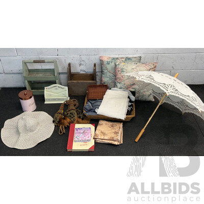 Vintage Mixed Lot - Lace Parasol, Wicker Basket , Cushions and Homewares