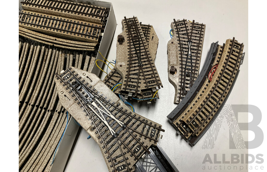 Collection of Vintage Marklin HO Scale Three Rail Railway Rolling Stock, Scenery Items, Track and Transformer