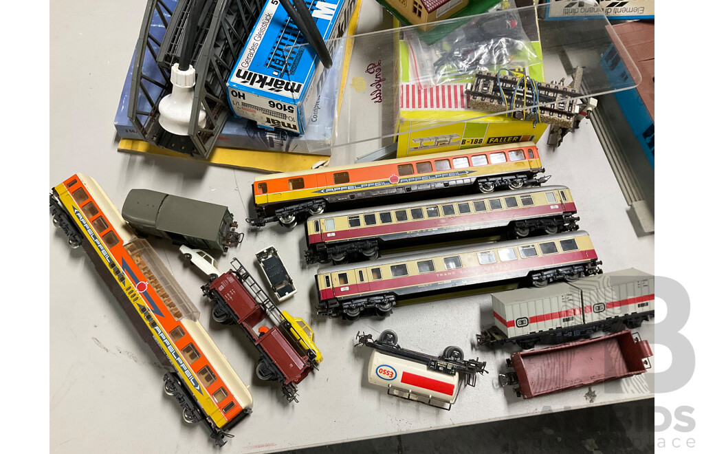 Collection of Vintage Marklin HO Scale Three Rail Railway Rolling Stock, Scenery Items, Track and Transformer