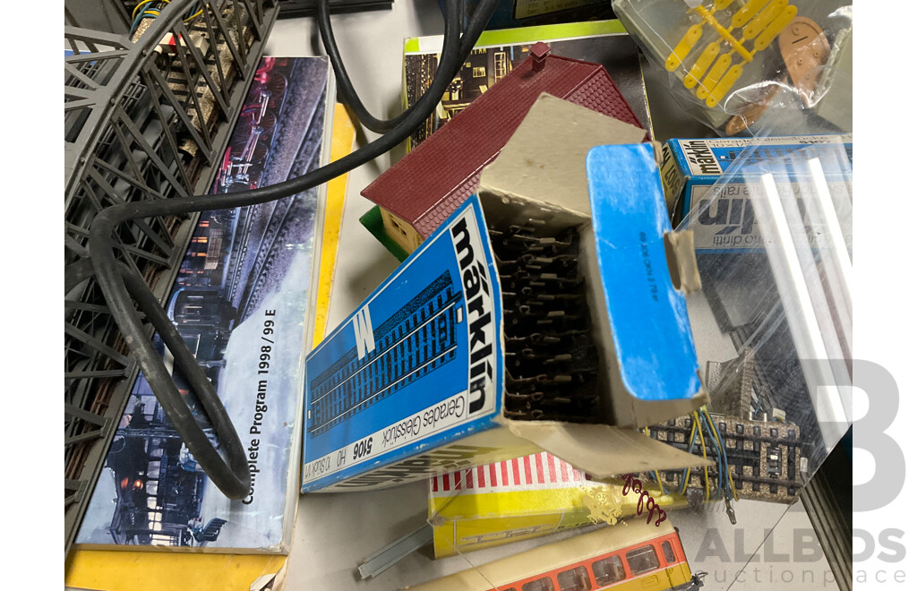 Collection of Vintage Marklin HO Scale Three Rail Railway Rolling Stock, Scenery Items, Track and Transformer