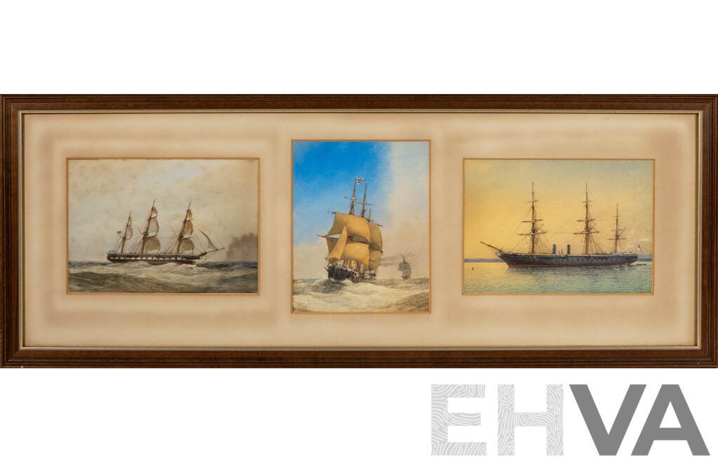 W.F. Mitchell (19/Early 20th Centuries, British, 1845-1914), Tall Ship, Two Studies of HMS Warrior (1860), Wonderful Antique Maritime Watercolour Trio, 33 x 86 cm (frame)