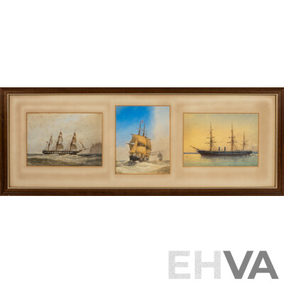 W.F. Mitchell (19/Early 20th Centuries, British, 1845-1914), Tall Ship, Two Studies of HMS Warrior (1860), Wonderful Antique Maritime Watercolour Trio, 33 x 86 cm (frame)