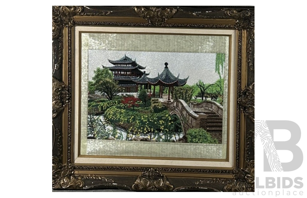 Artist Unknown (20th Century, Chinese School), Chinese Landscape with Pagoda, Silk Thread Embroidery Framed, 74 x 82 cm (frame)