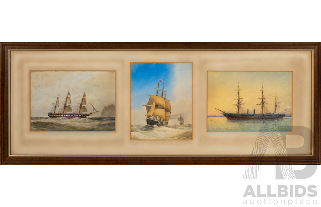 W.F. Mitchell (19/Early 20th Centuries, British, 1845-1914), Tall Ship, Two Studies of HMS Warrior (1860), Wonderful Antique Maritime Watercolour Trio, 33 x 86 cm (frame)